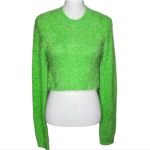 Show Me your MuMu Cropped Varsity Sweater Bright Green Fuzzy Size XS‎